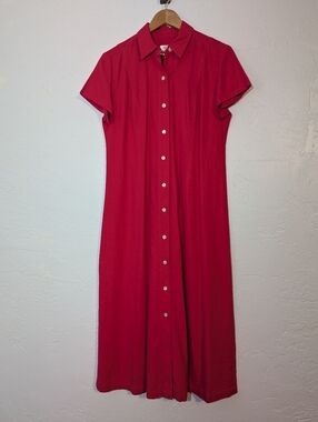 Vintage Hot Pink Linen Button-Front Maxi House Dress Spring Summer Teacher Mom